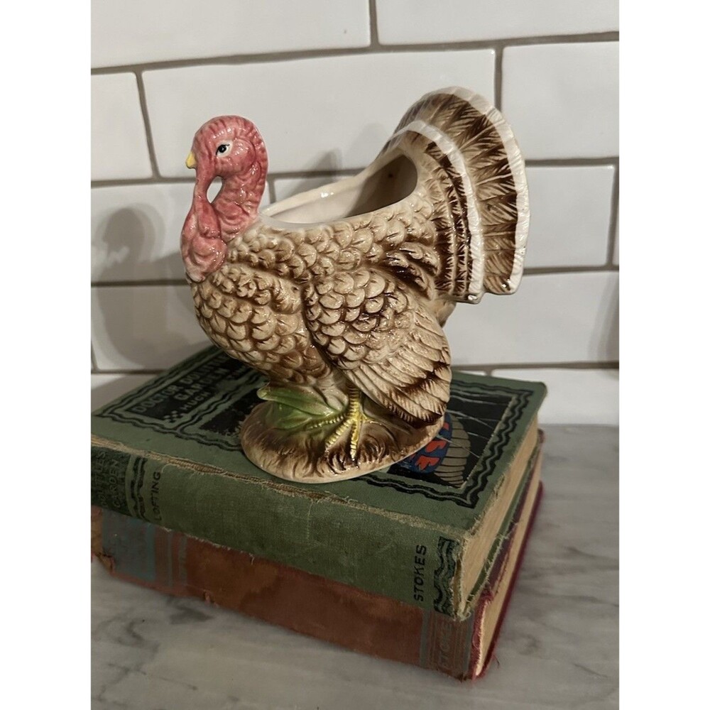 Vtg Relpo Ceramic Bright Colored Thanksgiving Turkey Figurine/Planter Autumn
